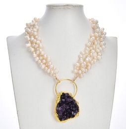 3 Strands Natural White Rice Pearl Necklace Purple Amethyst Quartz 24K Gold Plated Pendant Fashion Jewellery For Lady7648975