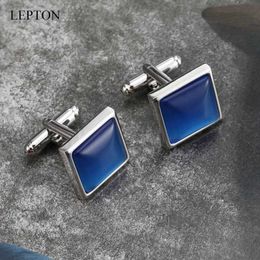 Cuff Links Blue Opal Stone Mens Shirt Cufflinks Lepton Fashion Square Stone Cufflinks Relojes gemelos Q240508