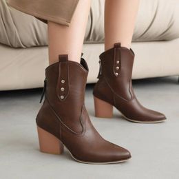 Boots Drop Ship Retro Leisure Ankle Ladies Autumn 2024 Back Zipper Block High Heel Casual Women Shoes Brown Black Pointed Botas