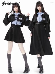 Work Dresses 2024 Spring Girl Women Short Black Coat Long Sleeve Blue Striped Shirt College Style Sleeveless Dress And Skirt Sets Outfits