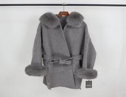 OFTBUY 2020 Real Fur Coat Winter Jacket Women Natural Fox Fur Collar Cuffs Hood Cashmere Wool Woollen Oversize Ladies Outerwear9535320