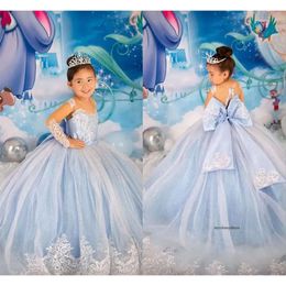 Princess Blue Flower Girl Dresses With Big Bow Sash A Line Crew Neck Sheer Sleeves Appliques Sequins Long Toddler Teens Pageant Party Gowns 0509