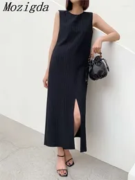 Casual Dresses Summer Striped Print Sleeveless Vest Dress Women Split Fashion Loose Pleated Ladies Korean Style Woman Long