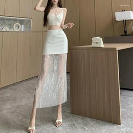 Skirts Summer Women's Spring Autumn High Waisted Solid Patchwork Lace Pearl Casual Sexy Fashion Elegant Vintage Office Lady Half Skirt