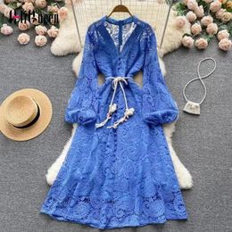 Casual Dresses High End Women Summer Vintage Lantern Sleeve Hollow Out Embroidery Lace Elegant Sexy V Neck Sinlge Breasted Long Ddresses