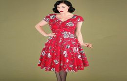 OTEN Halloween Summer skater dress elegant Vintage Red Sugar Skulls Flower print 50s rockabilly Evening Party Plus size Dresses 214162883