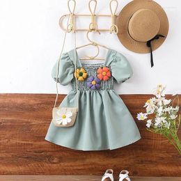 Girl Dresses Girl's Summer Dress Square Neck Puff Sleeve Cute 3D Flower Shirred Princess Little Clothes