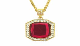 Hip Hop Bling Out Cubic Zirconia Red Stone Square Pendant Necklaces for Men Jewelry With 30inches Gold Chain5717977