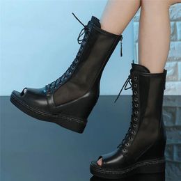 Boots Casual Shoes Women Lace Up Genuine Leather Wedges High Heel Motorcycle Female Summer Open Toe Platform Fashion Sneakers