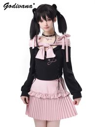 Work Dresses Pink Black Lace Bow Spaghetti Straps Off Shoulder Long Sleeve Top Slim Pleated Skirt Girl Women's Sweet Set Spring Summer