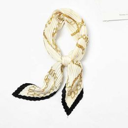 Scarves Womens pleated silk neck scarf with fashionable printed pattern small shoulder strap womens head worn curly travel Q240508