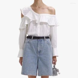 Women's Blouses 2024 Spring And Summer Strip-shaped Diamond Sparkling Ruffled Off-shoulder/lapel Long-sleeved Women Shirt