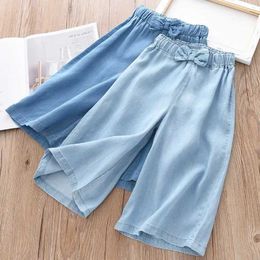 Jeans 2024 New Fashion Ldren Wide perna Pants Summer Casual Ffon FFON TRUSHERS CRUPPED para adolescentes roupas de meninas 2 4 6 8 10 anos H240508