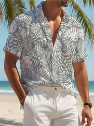 Men's Casual Shirts Plant Print Vacation Style Short Sleeve Button-Down Shirt Outdoor Beach Summer Turndown Tee Spandex Hawaii