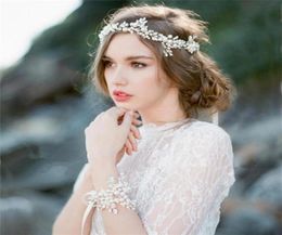Wedding Bridal Bridesmaid Headband Tiara Bracelet White Freshwater Pearl Hair Accessories Ribbon Hand Chain Charm Bangle Silver Je8965410