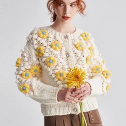 Women's Knits AYUALIN Vintage Long Sleeve Knitted Autumn Winter Coat Sweaters Boho Outwear 2024 Handmade Crochet Flower Sweater Women