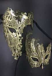 His Her Couple Glitter Rhinestones Metal Filigree Masquerade Mask Venetian Costume Prom Party Ball Christmas Half Skull Mask Y207219357