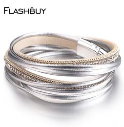 Rhinestones Leather Bracelets for Women Simple Multilayer Magnet Wrap Bangles Fashion Costume Jewellery Gift6785845