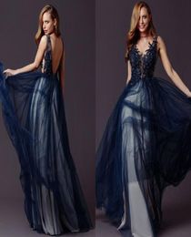 Elegant Navy Blue Prom Dresses With Pearl Lace V Neck Spaghetti Strap Backless Tulle Formal Party Gown Evening Dress Custom Made V1078379