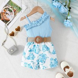 Girl Dresses 0-4Y Lovely Kids Girls Jumpsuit One Shoulder Sleeveless Ruffled Flower Print Playsuits Clothes Belted Overalls Shorts Jumpsuits