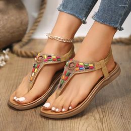 Casual Shoes 2024 Summer Clip Toe Gladiator Sandals Women Vintage Flat Heels Bohemia Woman Plus Size 43 Non Slip Beach Flip-Flops