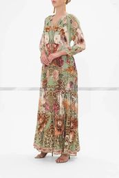 Casual Dresses 202 Vintage Style Flower And Leopard Print Lace Up V Neck Women Loose Maxi Long Silk Dress