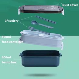 Lunch Boxes Bags 1pc 1400ml Double-layer Lunch Box Portable Compartment Food Box Microwave Lunch Box With Fork Chopsticks And Spoon Picnic Fresh
