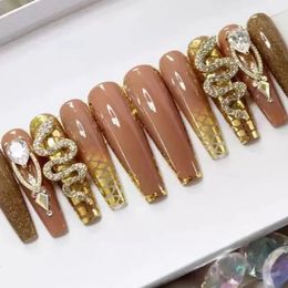 24Pcs Long Coffin False Nails with Glue Wearable Brown Fake Nails with Rhinestones Ballet Press on Nails Full Cover Nail Tips 240509