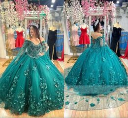 2023 Modern Emerald Green Quinceanera Dresses With Cape Floral 3D Flowers Applique Beaded Prom Pageant Graduation Sweet 16 Dress Girls 0509
