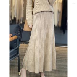 Skirts Women's Autumn Winter Knitted Skirt Woman Medium Long High Waist Slim Pleated A-line Wool For Women