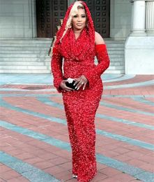 Party Dresses Aso Ebi Red Mermaid Evening With Hat Sparkly Sequins Women Formal Birthday Dress Second Reception Gowns