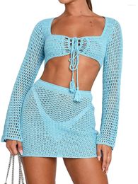 Women 2 Piece Beach Outfits Crochet Knit Hollow Out Swimsuit Cover Ups Long Sleeve Crop Top Mini Skirt Set
