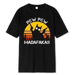 Men's T-Shirts Pew Maakas Cat With Two Guns Printing Men T Shirts Summer Cotton T-Shirts Breathable Loose Clothes Hip Hop Strt Ts T240506