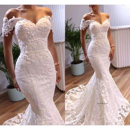 2021 Elegant Mermaid Wedding Dresses Bridal Gown Short Sleeves Off Shoulder Lace Applique Sweep Train Custom Made Plus Size Formal Dress Vestido de novia 0509