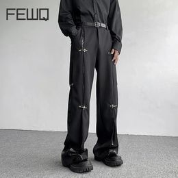 FEWQ Mens Pants Autumn Winter Metal Buckle Design PU Leather Splicing Fashion Solid Colour Darkwear Trousers 24X1740 240424