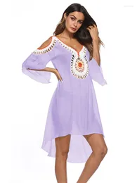 Cover-ups 2024 Sexy Deep V-Neck Cold Shoulder Summer Women Beach Wear Front Short Back Long Bath Dress Swim Suit Cover Up Q724