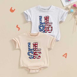 Rompers 4th of July Baby Outfit Little Sister Brother Romper 1Piece Fourth Of July Clothes Sibling Matng Outfits H240508
