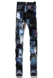 Мужские значки Rips растягивание черные джинсы мода Slim Fit, вымытые джинсовые брюки для джинсовых штук панели хип -хоп 7935906