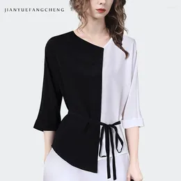 Women's Blouses Black-white Color Blocking Womens Spring Summer Tops Loose-fitting Casual Plus V-Neck Belt Lace-up Office Ladies