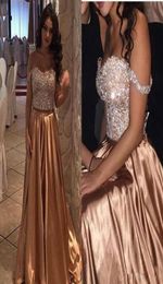 sparkle rose gold two piece prom dresses sexy off the shoulder top crystal and beaded long arabic elegant evening prom dress 2019 5731317