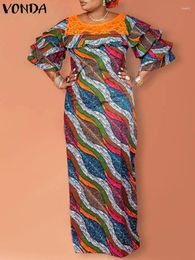 Casual Dresses VONDA Women Long Maxi Dress 2024 Lace Patchwork Printed Ruffles Sundress Summer Party Vestidos Loose Robe Oversized