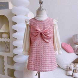 Clothing Sets Kids 2024 Autumn Fresh Girls Dress Bowknot Pink Solid Color Sweet Cute Fashion Casual High Collar All-match Tops