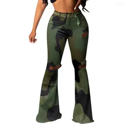 Women's Jeans Design Fashion Plus Size Women Camouflage Hole Skinny Jean High Waist Denim Bell Bottom Distressed Ripped Flare Pants