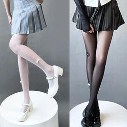 Women Socks Side Jacquard Rose Pattern Sheer Silky Tights Stockings JK Sweet Pearls Beaded Bowknot Pantyhose Leggings Hosiery