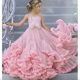 Pink Flower Girls Dresses Tulle Beaded Tiered Skirt Wedding Elegant Child's First Eucharistic Party Kids Birthday Girl Pageant Gowns 0509