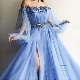 Off The Shoulder Evening 2021 Puff Sleeves Appliques Beaded Tulle Split Light Sky Blue Party Gowns Lavender Prom Dresses Gown 0509