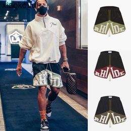 Rhude High end designer shorts for large print with two-color drawstring trend casual Street shorts zipper breathable Capris With 1:1 original labels