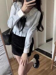 Women's Blouses V Neck Slim Waist Short Lace-up Bow Camisa Sweet Japanese Preppy Style Shirt Lace Patchwork Ballet Women Blue Striped Y2k