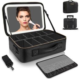 Storage Boxes Large Travel Makeup Bag With LED Mirror 14.6"X10.3" Organiser 3 Colour Scenarios Adjustable Brightness Portable