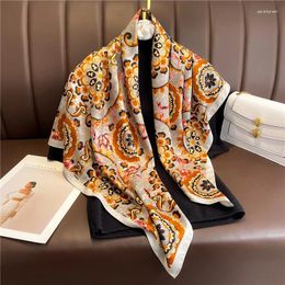 Scarves Luxury Design European Vintage Print Scarf 90X90cm Square Silk Hijab Shawls Foulard Ribbon Neckerchief Hairband Bandanna